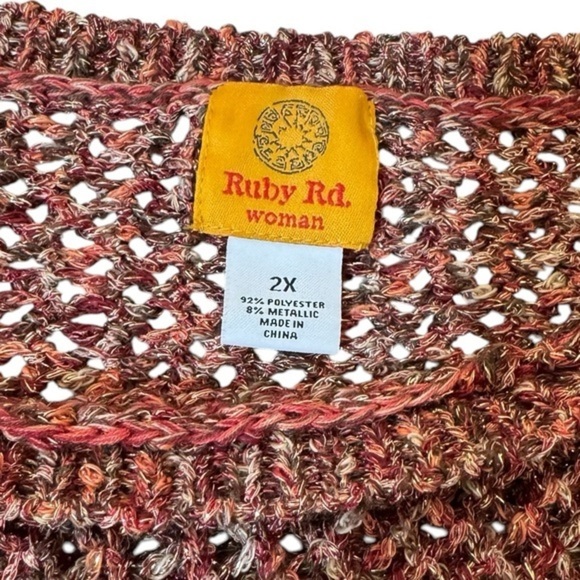 Ruby Rd. Bronze mix Metallic open crochet tie-waist crew neck sweater sz 2x EUC - Picture 10 of 12